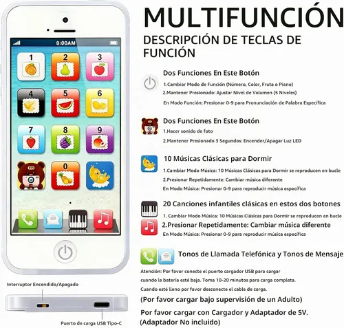 Vista 2 de Teléfono IPhone de juguete Durherm recargable por medio del puerto USB.