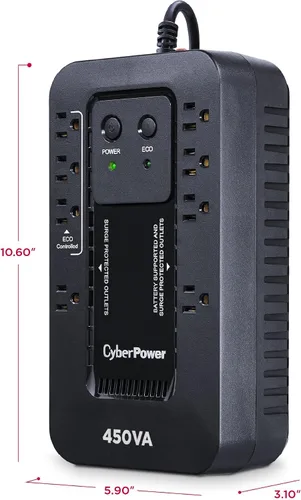 Vista 3 de CyberPower EC450G Sistema UPS ecológico de respaldo y protector de sobretensiones, 450VA/260W, 8 tomas, modo ECO, fuente de alimentación