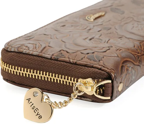 Vista 8 de ArtsEye Cartera larga con cremallera alrededor de cuero genuino en relieve rosa, Gris
