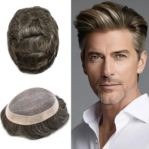Vista 59 de Fine Mono Men Hair System Mens Toupee Real Human Hair Pieces For Men's Toupee Hair System For Men Hair Piece Natural Hairline 6X8 densidad de luz