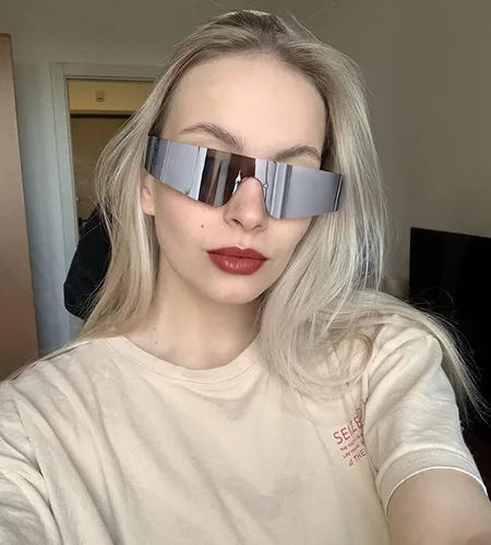 Vista 2 de NULOOQ Y2K - Gafas de sol futuristas envolventes sin montura para mujeres y hombres gafas de sol de moda Cyberpunk con visera monobloque