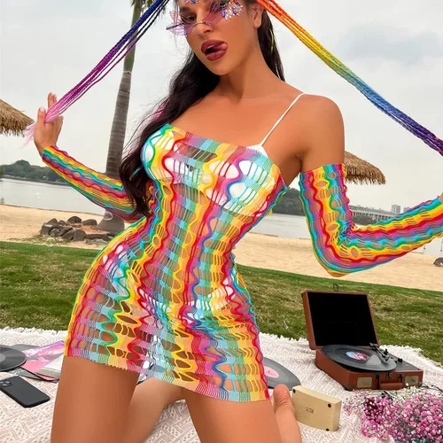 Vista 5 de Sexy vestido de red de arco iris para mujer, traje de baño elástico para mujer, body de malla transparente, ropa de dormir