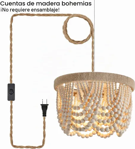 Vista 2 de AMZASA - Lámpara colgante enchufable estilo bohemio con cuerda de cáñamo tejida, perlas de madera, lámpara colgante rústica para casa de campo