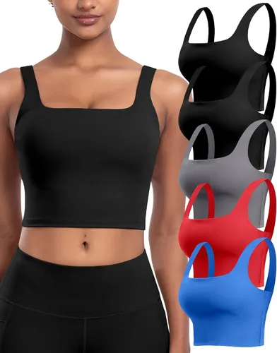 Vista 7 de Sujetadores deportivos para mujer, paquete de 5 unidades, cuello cuadrado, camiseta corta sin mangas acolchada para yoga con almohadillas integradas