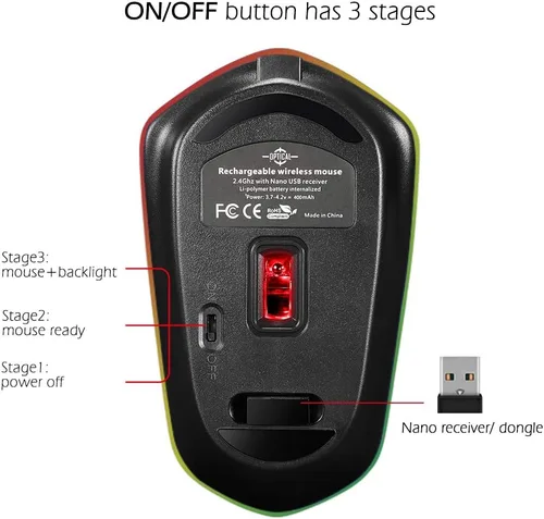 Vista 7 de Ratón inalámbrico recargable, retroiluminado alimentado por batería de polímero de litio, sensor óptico, receptor Nano USB, velocidad DPI de 3