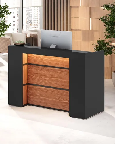 Vista 4 de LITTLE TREE Escritorio de recepción de 63 pulgadas, mesa de recepción moderna con luz LED, mostrador frontal, mostrador de madera para vestíbulos