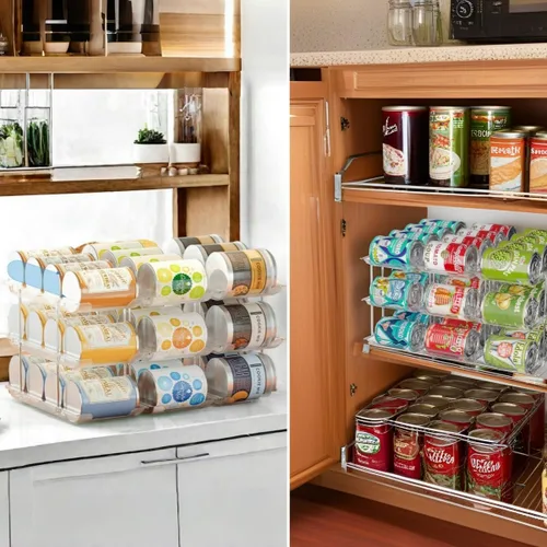 Vista 5 de Organizador de latas para despensa, 3 juegos de 4 niveles, organizador de almacenamiento de latas, organizador de latas de soda para refrigerador