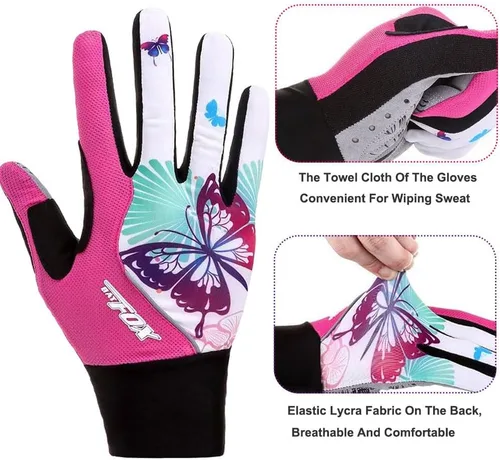 Vista 3 de DuShow Guantes de ciclismo para mujer, guantes de entrenamiento florales rosas para mujer, guantes de ciclismo de dedo completo, guantes