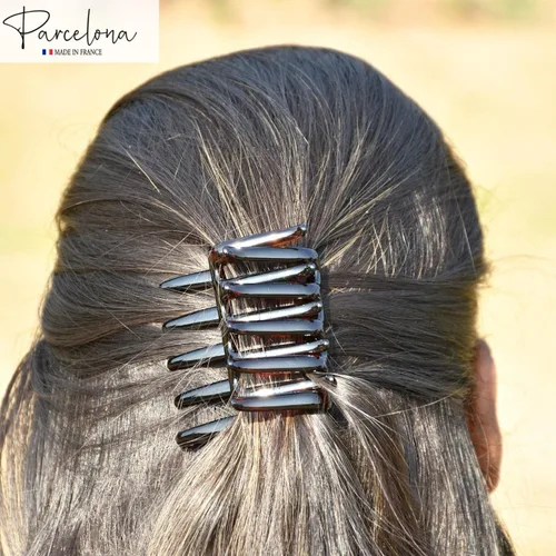 Vista 6 de Parcelona Cangrejo francés entrelazado marrón mediano 2 1/4 pulgadas celuloide antideslizante coleta clips flexibles resistentes pinzas para el pelo