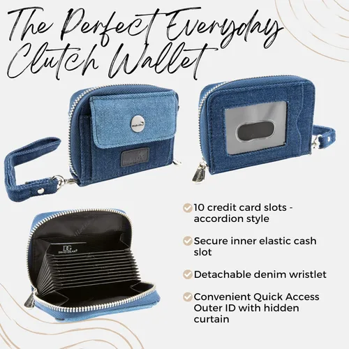 Vista 3 de Cartera de cuero RFID tarjeta de efectivo moneda embrague acordeón para mujer, Mezclilla azul, Denim