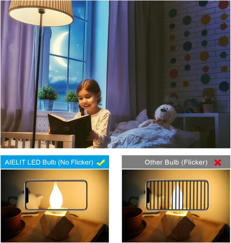 Vista 2 de Bombilla LED E12 esmerilada, 2 vatios (equivalente a 25 W), suave y cálida de 2700 K, bombillas LED con punta de llama CA10 regulables para Ca10