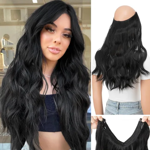 Vista 8 de Extensiones de cabello de alambre transparente invisible con 3 clips seguros, diadema ajustable, tamaño ondulado, rizado, largo, sintético