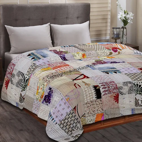 Vista 17 de Boho Sanskriti Colcha de seda india Kantha de retazos de seda tamaño Queen Twin Patola Colcha Negro
