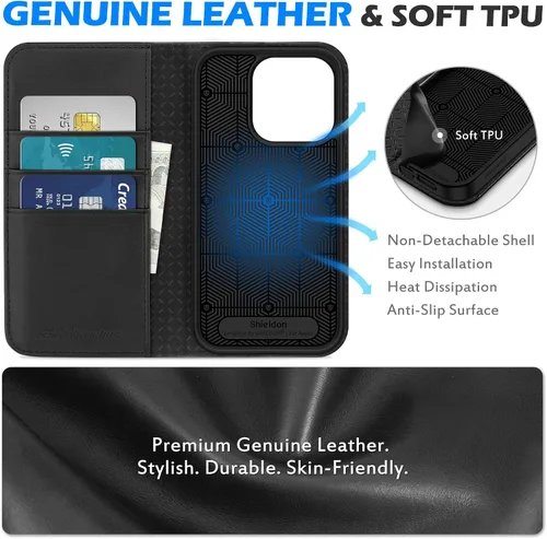 Vista 8 de SHIELDON - Funda tipo cartera de piel auténtica para iPhone 15 Pro de 6.1 pulgadas 2023, color negro Magnetic Closure, RFID Blocking, Credit Card