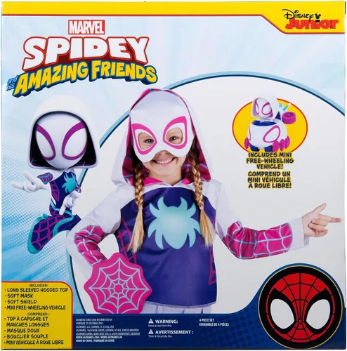 Vista 4 de Marvel Ghost Spider Toddler Dress-Up Box Set – Costume Top, Fabric Mask, Web Shield Accessory, and Mini Toy Vehicle (3T-4T) Multi