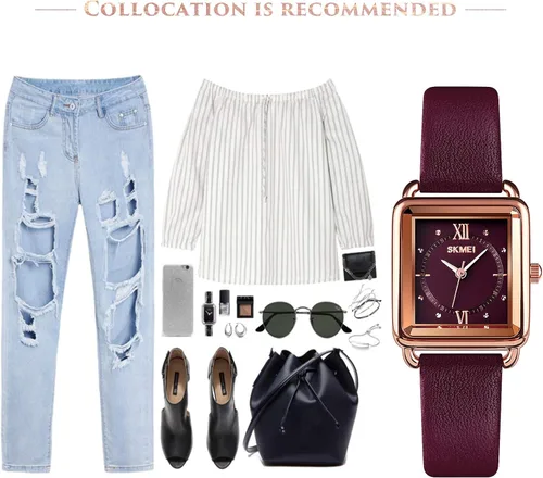 Vista 5 de SKMEI - Reloj de pulsera para mujer, de piel, rectangular, elegante, para mujer, Classic, Morado-d
