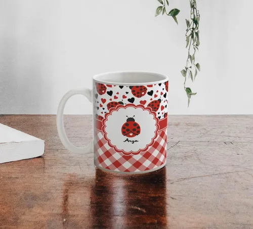 Vista 4 de Taza de café personalizada Ladybugs & Gingham de 11 onzas, color blanco