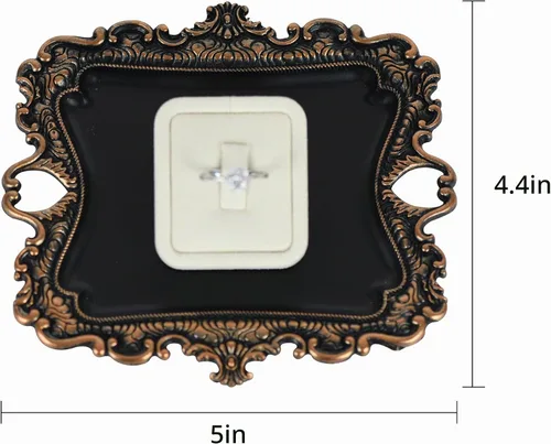 Vista 5 de Funly mee Plato Antiguo de Baratija, Bandeja Vintage de Joyería, Soporte de Anillos (Negro & Oro, S)