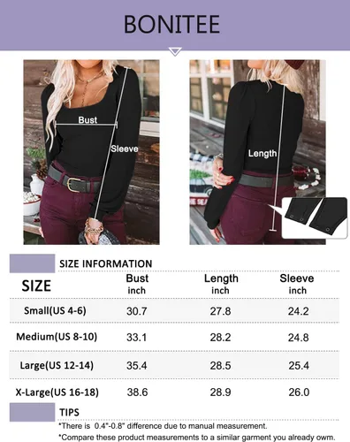 Vista 5 de BONITEE Body de manga larga abombada para mujer, cuello cuadrado, camiseta sin mangas, elástica, ajustada