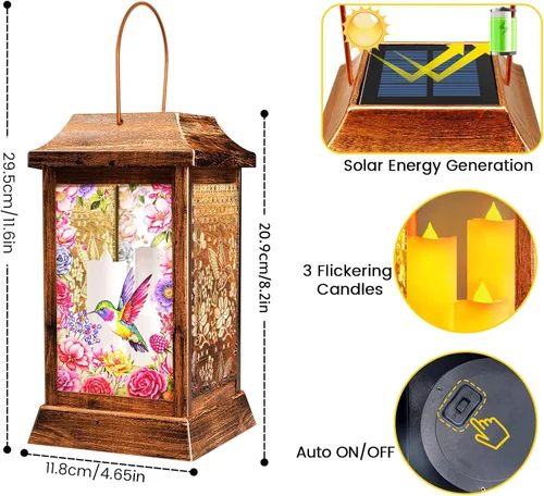 Vista 3 de Faroles Solares de Colibrí para Colgar al Aire Libre, Luces Solares de Metal y Vidrio para Decoración de Jardín, Regalos para Mujeres, Mamá