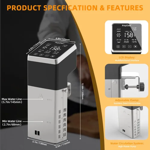 Vista 2 de 1400W Sous Vide Cooker, Precision Immersion Circulators with large Touchscreen Accurate Temperature Timer (120V with WiFi)