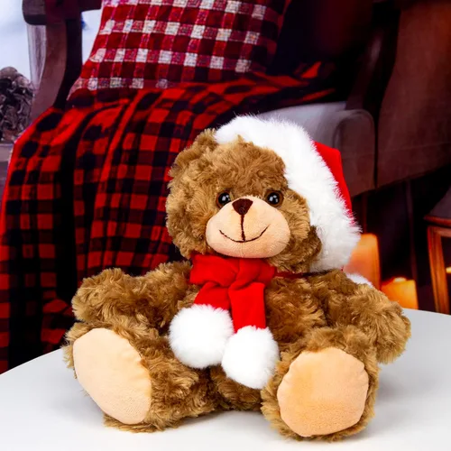 Vista 4 de Plushland Adorable oso de peluche de Papá Noel suave y peludo, juguetes navideños de animales de peluche, accesorios de Navidad, un regalo perfecto
