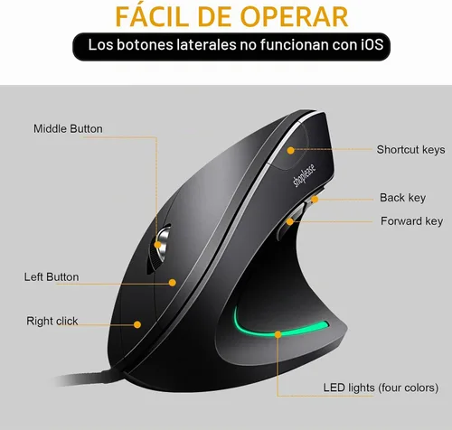 Vista 5 de Ratón vertical con cable, ratón ergonómico óptico con 4 ajustables 800/1200/2000/3200, 5 botones USB para computadora, mejor para manos grandes