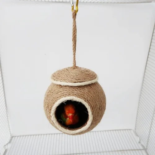 Vista 5 de Sugar Glider House - Cabaña de cuerda de cáñamo con cáscara de coco natural, nido para planeador de azúcar, hámster, ardilla, periquito de pájaro