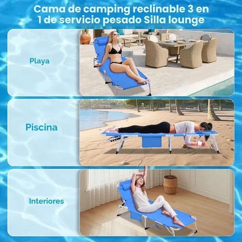 Vista 5 de Silla de bronceado 3 en 1 extragrande con esterilla y agujero para la cara, silla lounge plegable resistente - Silla ajustable de 5 posiciones