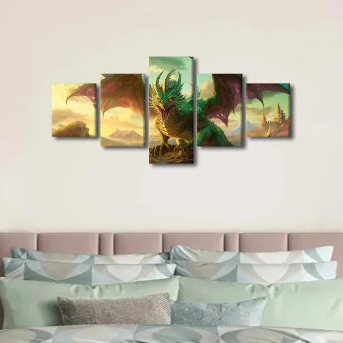Vista 4 de Lienzo decorativo para pared de sala de estar, lienzo de dragón, 5 paneles, dragón verde, decoración de pared para el hogar, decoración de pared