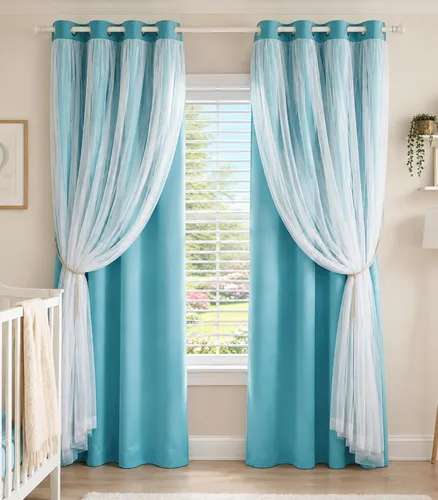 Vista 31 de Beige Blackout Curtains with White Sheer Overlay for Bedroom/Living Room