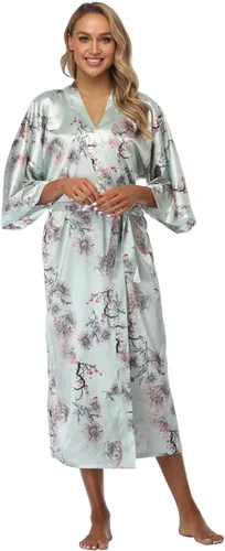 Vista 3 de Bata tipo kimono para mujer, floral, larga, ligera, sedosa, ropa de dormir