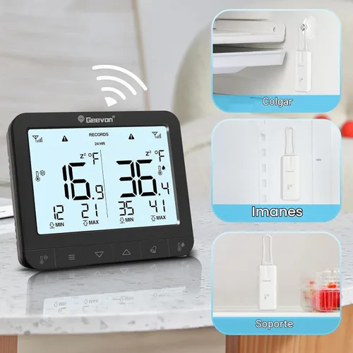 Vista 6 de Geevon Termómetro digital para refrigerador con alarma, icono de advertencia de batería baja, pantalla LCD de temperatura máxima/mínima, adecuado