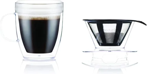 Vista 4 de Bodum Juego de gotero de café de 12 onzas con taza de doble pared y filtro permanente reutilizable, plástico, sin BPA, transparente