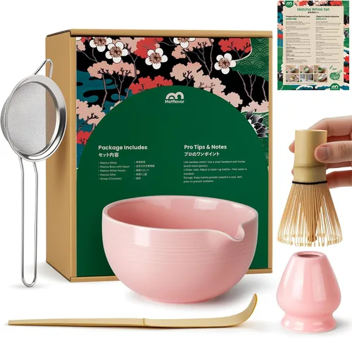 Vista 10 de Juego de batidor de matcha, kit de cerámica y cazador de bambú hecho a mano Complete 5 Pcs Matcha Set Whisk and Bowl, Stainless Steel Sifter
