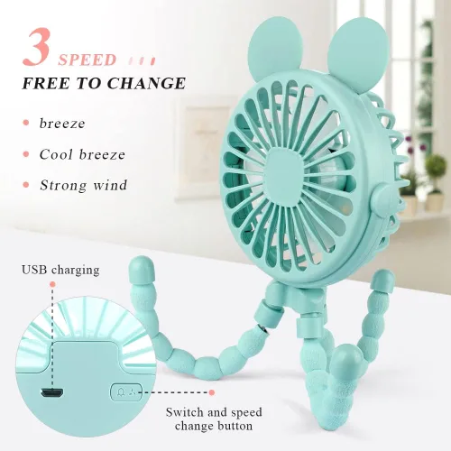 Vista 6 de Ventilador de cochecito de bebé, mini ventilador de pulpo de mano con trípode flexible envuelto en cochecito, asiento de automóvil, cama