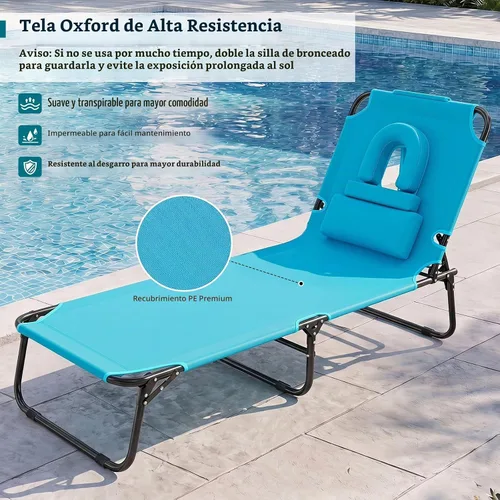 Vista 7 de GYMAX Silla de bronceado, silla de playa de 350 libras con agujero para la cara, almohada lavable y correa de transporte, tumbona plegable Ártico