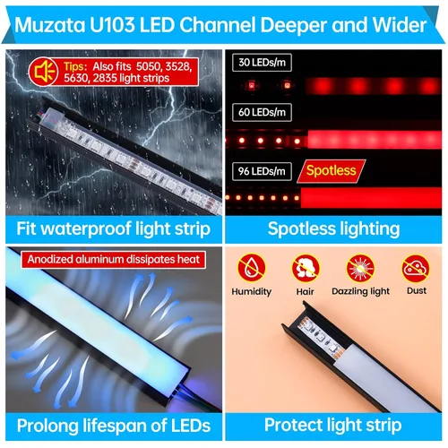 Vista 4 de Muzata Paquete de 10 unidades de 6.6 pies/6.6 ft con sistema de canal LED negro en forma de U con cubierta de difusor blanco lechoso esmerilado