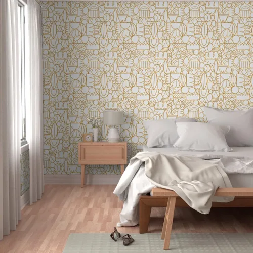 Vista 5 de Muestra de papel tapiz extraíble – Círculos amarillos vintage moderno geométrico arte abstracto personalizado pre-pegado papel pintado por