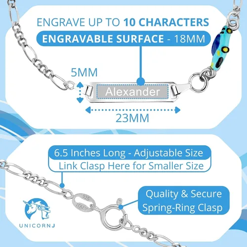 Vista 2 de UNICORNJ 925 Italy Sterling Silver Child or Baby Name Bracelet Girls Boys, Personalized Engraved Kids ID Bracelets, 6.5" Figaro Chain, Enamel Charm