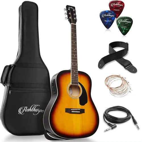 Vista 9 de Ashthorpe Paquete de guitarra acústico-eléctrica Dreadnought de tamaño completo - Maderas tonales premium - Negro