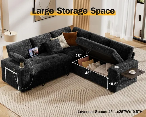 Vista 6 de Vipbear Sofá cama modular de 86 pulgadas con cama extraíble, sofá en forma de L de felpilla de 5 asientos con puertos USB, portavasos, mesa Negro