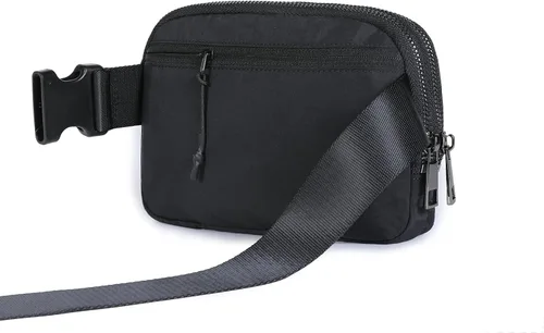 Vista 5 de ODODOS Mini bolsa de cinturón unisex con doble cremallera con correa ajustable para entrenamiento al aire libre, viajes, Negro
