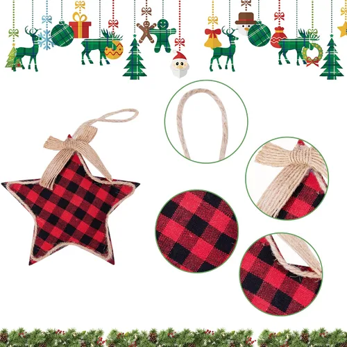 Vista 3 de Watayo 12 adornos colgantes de Navidad a cuadros negros y rojos, adornos colgantes de arpillera a cuadros de búfalo negro y rojo, decoración