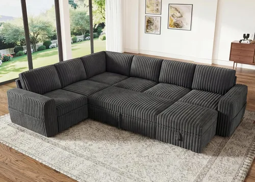 Vista 21 de HONBAY Sofá cama modular extraíble, sofá biplaza de pana, sofás para sala de estar, beige