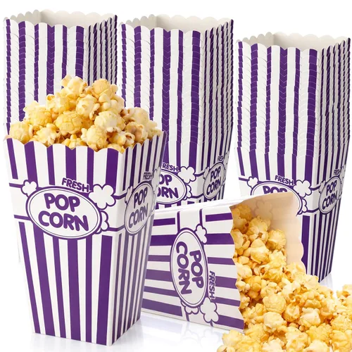 Vista 10 de Xinnun 100 piezas Cajas de palomitas de maíz 32oz Cubos de papel clásicos con rayas desechables a prueba de aceite Caja abierta retro