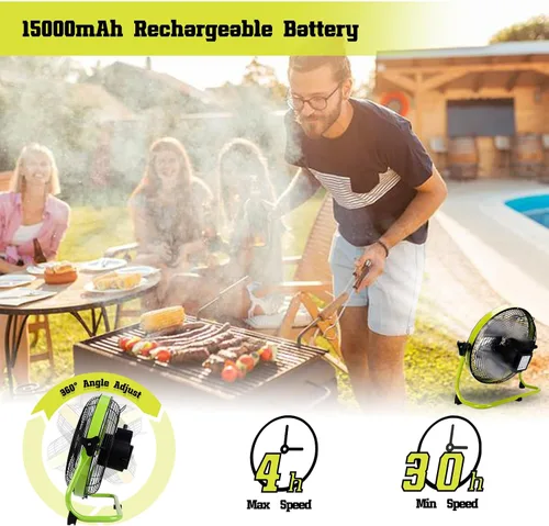 Vista 4 de Ventilador a batería de 12 pulgadas, ventilador de piso recargable de 15000 mAh, ventilador portátil inalámbrico para exteriores con hoja de metal