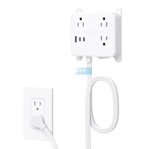 Vista 7 de TROND Regleta de alimentación de enchufe plano, cable de extensión corto de 3 pies con 3 salidas de CA, estación de carga de montaje en pared con 2