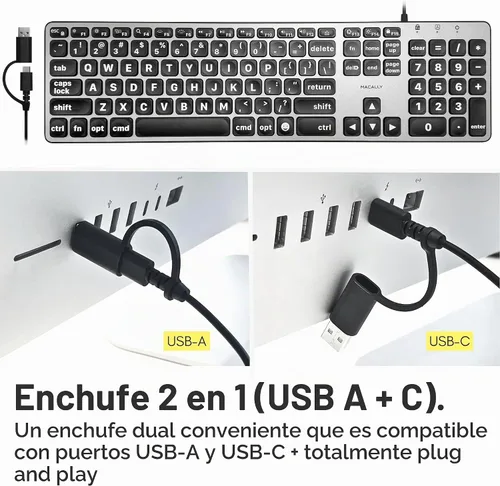 Vista 4 de Teclado con cable Macally para Mac (USB C + A) - Letra grande e retroiluminada para Apple - Teclado USB C de 107 teclas de tamaño completo