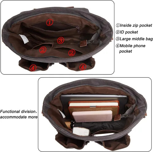 Vista 4 de Rexmore Bolsa de mensajero para hombre, bolso de hombro de lona, bolso cruzado vintage de 13.3 pulgadas para laptop